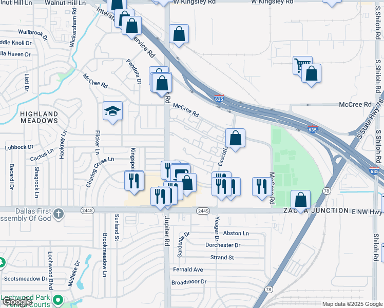 map of restaurants, bars, coffee shops, grocery stores, and more near 12660 Jupiter Road in Dallas