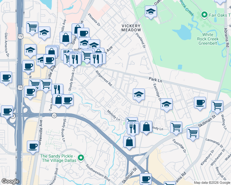 map of restaurants, bars, coffee shops, grocery stores, and more near 6117 Melody Lane in Dallas