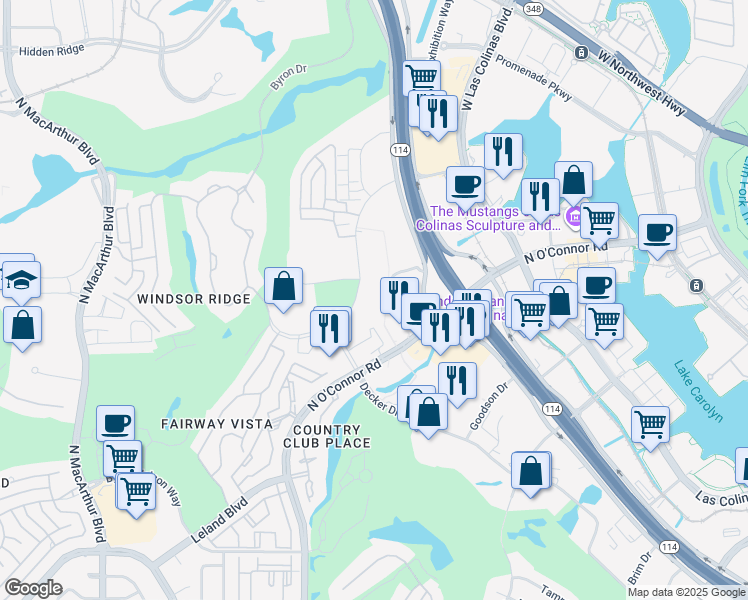 map of restaurants, bars, coffee shops, grocery stores, and more near 4500 Fuller Drive in Irving