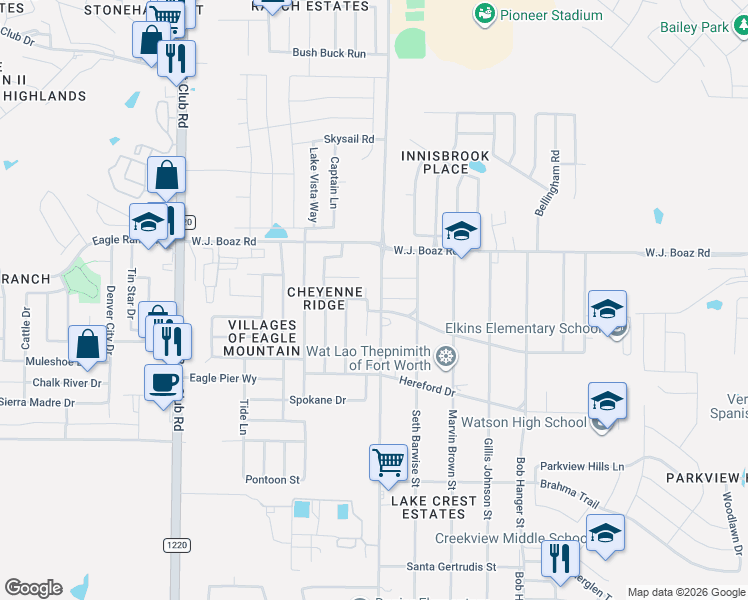 map of restaurants, bars, coffee shops, grocery stores, and more near 6210 Angus Drive in Fort Worth