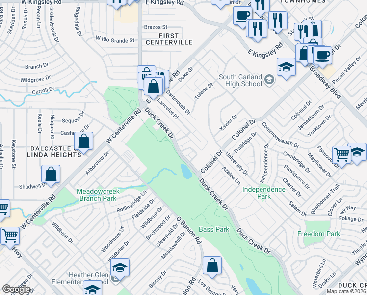 map of restaurants, bars, coffee shops, grocery stores, and more near 3905 Queens Court in Garland