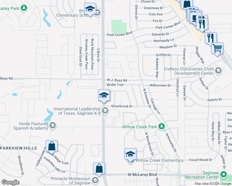 map of restaurants, bars, coffee shops, grocery stores, and more near 745 Fox Run Trail in Saginaw