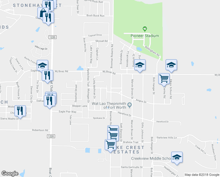 map of restaurants, bars, coffee shops, grocery stores, and more near 6210 Angus Drive in Fort Worth