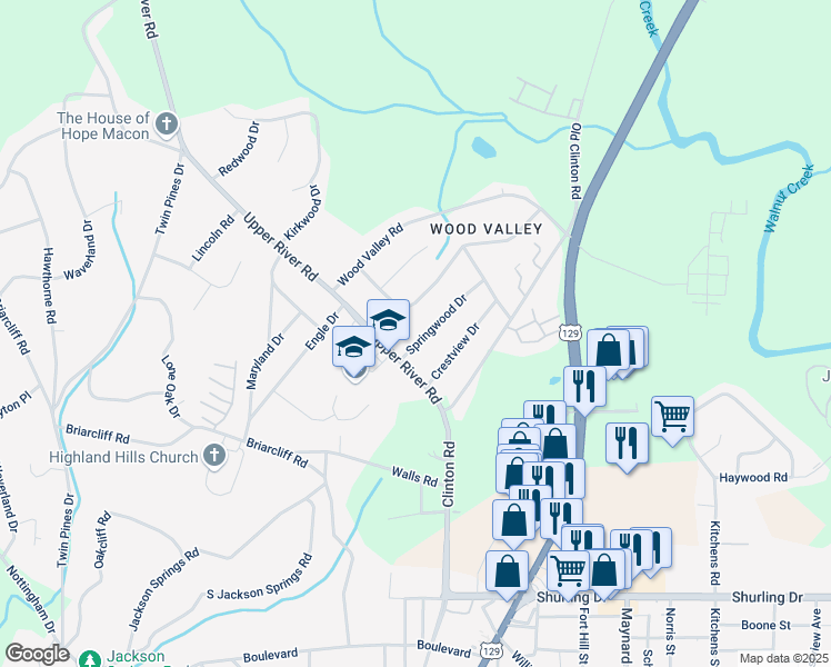 map of restaurants, bars, coffee shops, grocery stores, and more near 1826 Springwood Drive in Macon