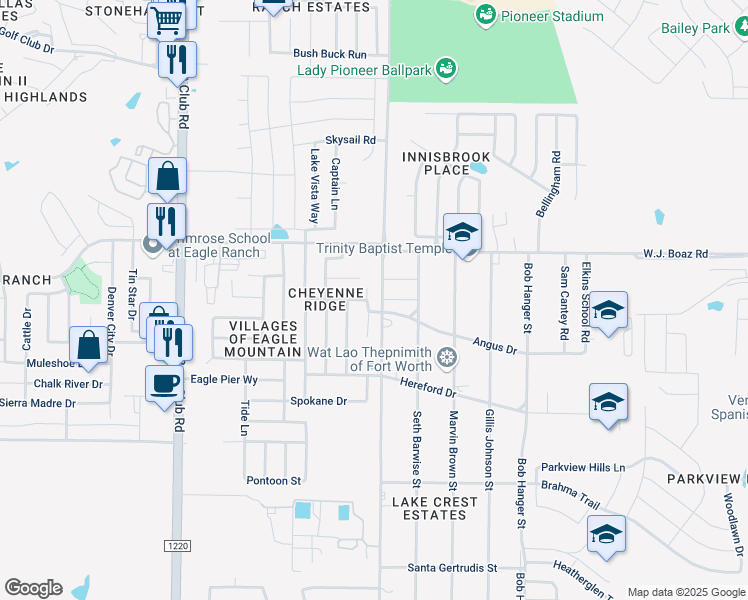 map of restaurants, bars, coffee shops, grocery stores, and more near 7212 Bannock Drive in Fort Worth