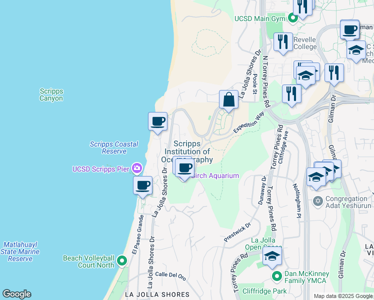 map of restaurants, bars, coffee shops, grocery stores, and more near 8622 Kennel Way in San Diego