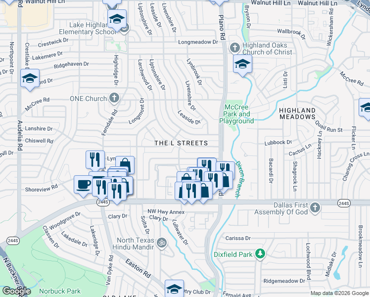 map of restaurants, bars, coffee shops, grocery stores, and more near 8863 Larchwood Drive in Dallas