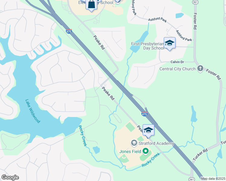 map of restaurants, bars, coffee shops, grocery stores, and more near 6195 Peake Road in Macon