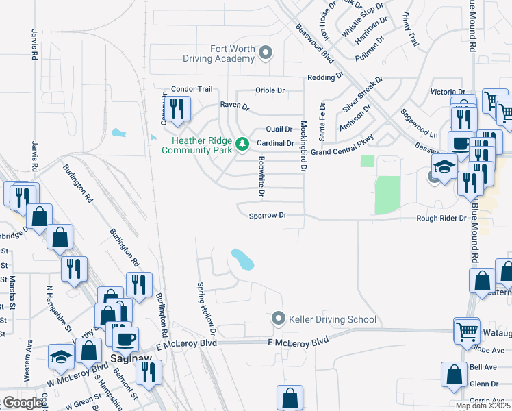 map of restaurants, bars, coffee shops, grocery stores, and more near 625 Redwing Drive in Saginaw