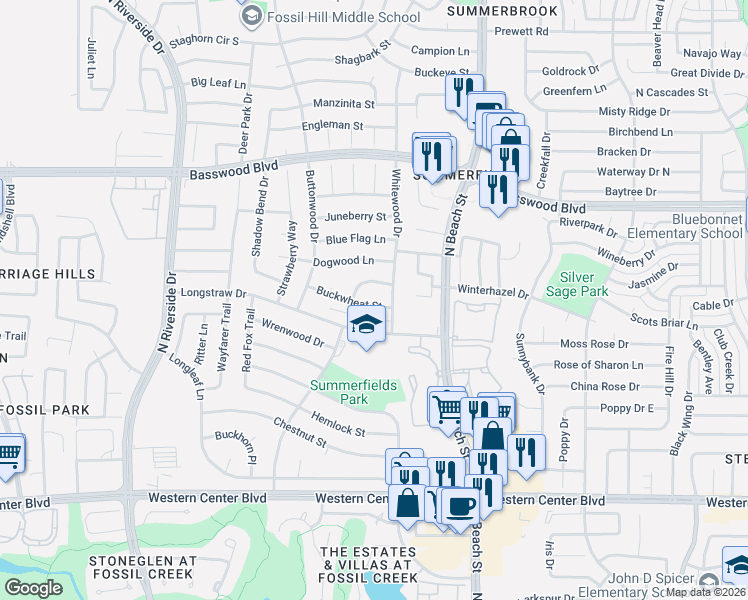 map of restaurants, bars, coffee shops, grocery stores, and more near 4113 Buckwheat Street in Fort Worth
