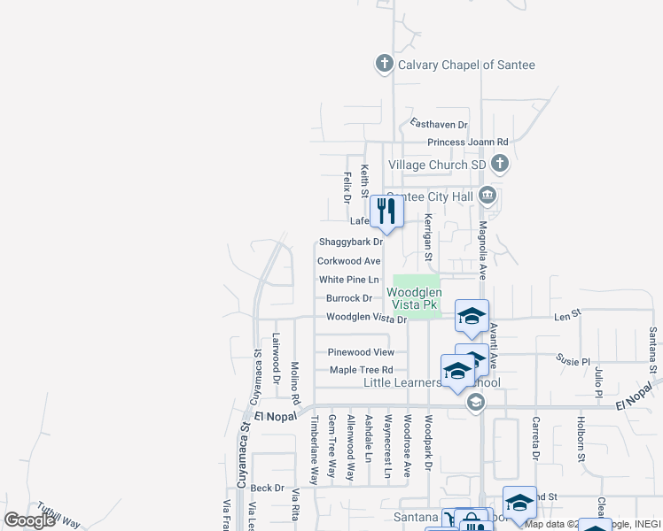 map of restaurants, bars, coffee shops, grocery stores, and more near 10021 Corkwood Avenue in Santee