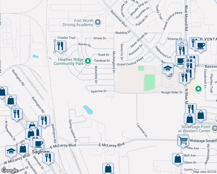 map of restaurants, bars, coffee shops, grocery stores, and more near 720 Sparrow Drive in Saginaw