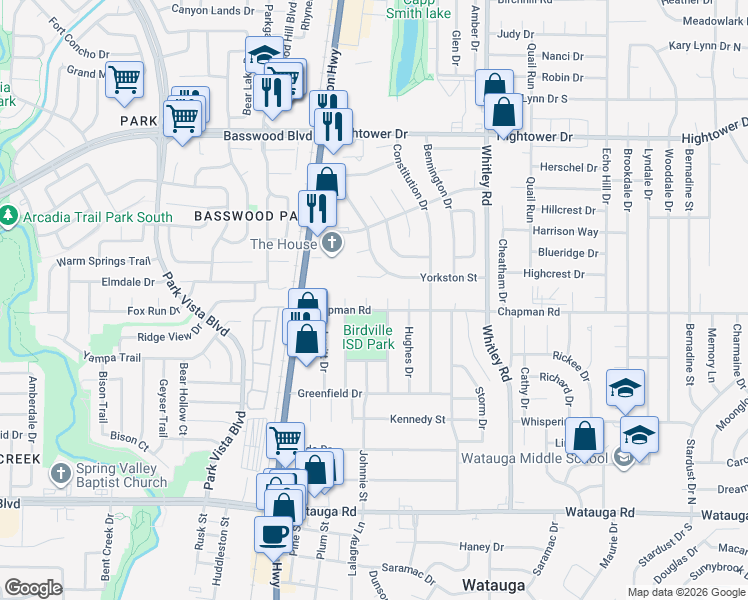 map of restaurants, bars, coffee shops, grocery stores, and more near 6704 Johnnie Court in Watauga