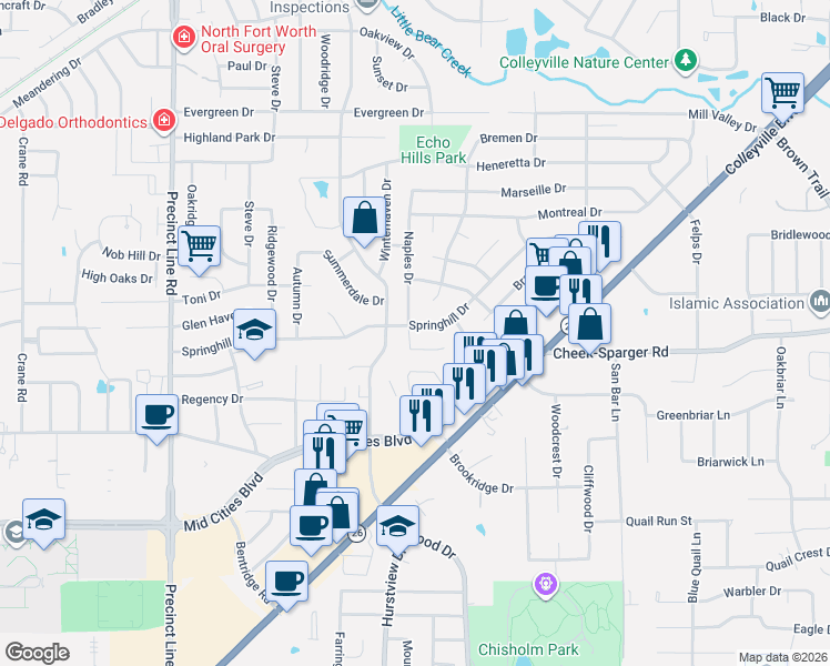 map of restaurants, bars, coffee shops, grocery stores, and more near 512 Quail Cove Court in Hurst