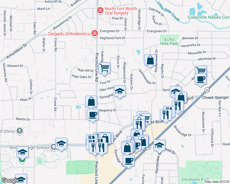 map of restaurants, bars, coffee shops, grocery stores, and more near 716 Springhill Drive in Hurst