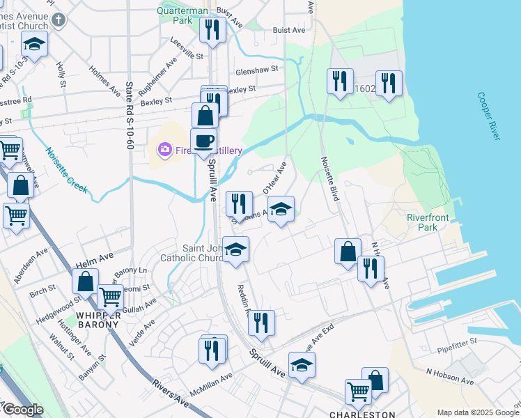 map of restaurants, bars, coffee shops, grocery stores, and more near 4071 Saint Johns Avenue in North Charleston