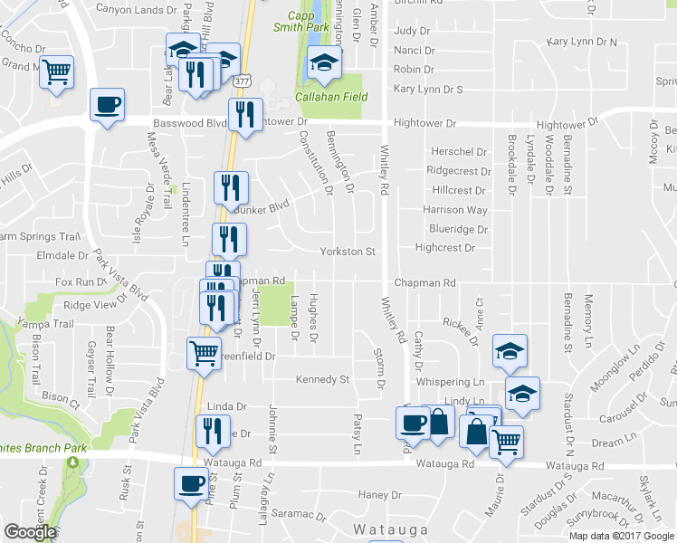 map of restaurants, bars, coffee shops, grocery stores, and more near 6704 Constitution Drive in Watauga