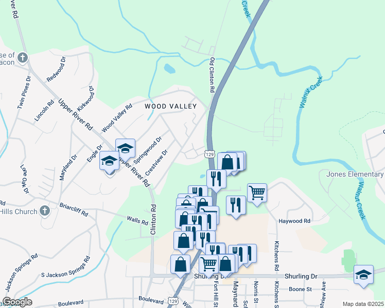 map of restaurants, bars, coffee shops, grocery stores, and more near 1895 Clinton Road in Macon