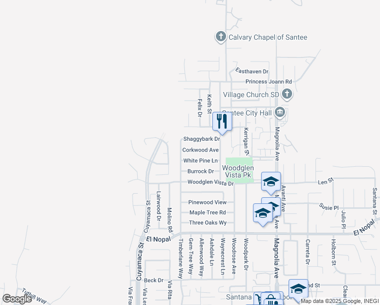 map of restaurants, bars, coffee shops, grocery stores, and more near 10021 Corkwood Avenue in Santee