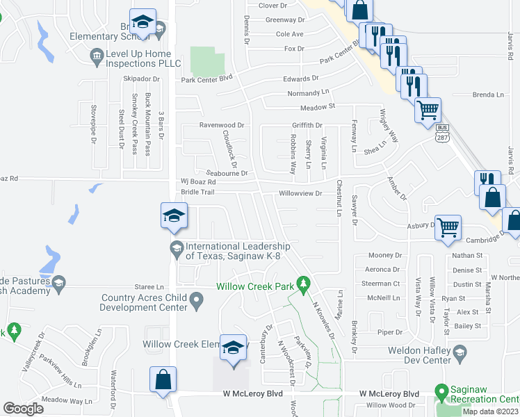 map of restaurants, bars, coffee shops, grocery stores, and more near 644 Babbling Brook Drive in Saginaw