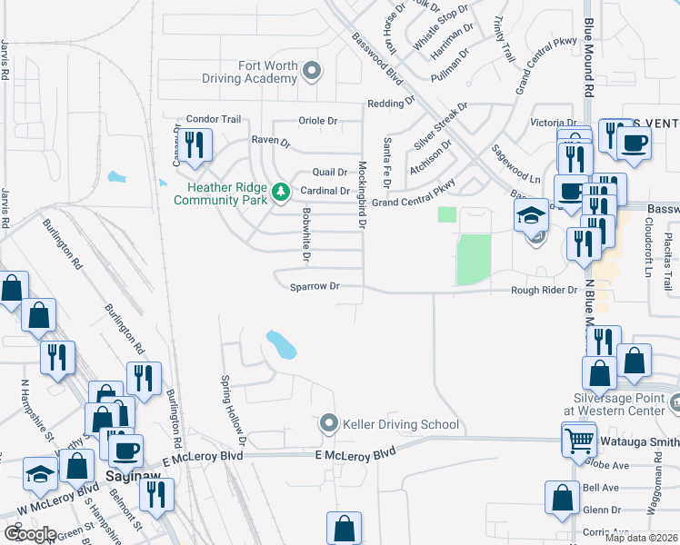 map of restaurants, bars, coffee shops, grocery stores, and more near 729 Redwing Drive in Saginaw