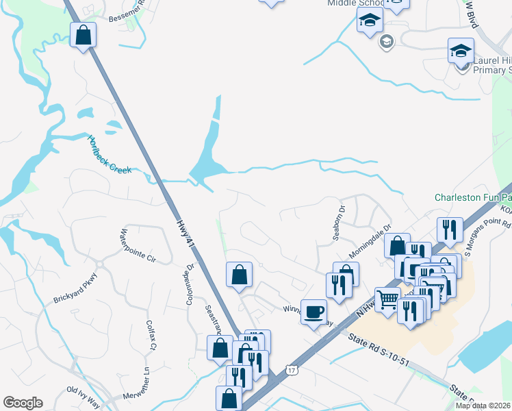 map of restaurants, bars, coffee shops, grocery stores, and more near 2849 Caitlin's Way in Mount Pleasant