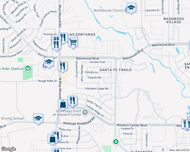 map of restaurants, bars, coffee shops, grocery stores, and more near 1833 Capulin Road in Fort Worth