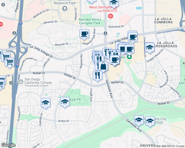 map of restaurants, bars, coffee shops, grocery stores, and more near 4171 Las Palmas Square in San Diego