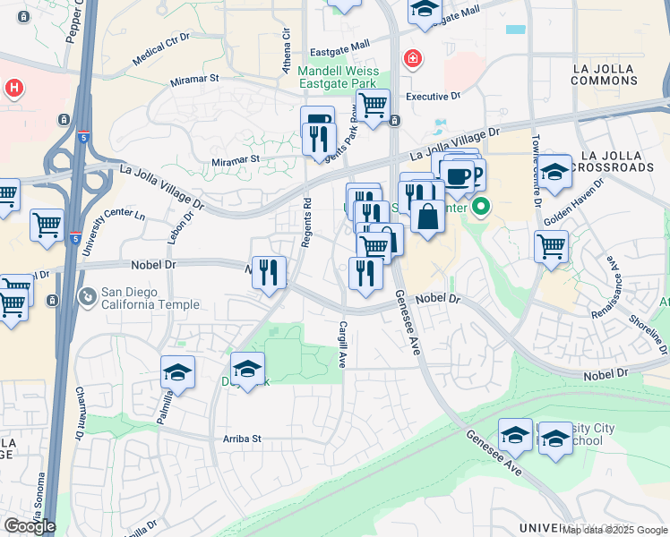 map of restaurants, bars, coffee shops, grocery stores, and more near 8540 Costa Verde Boulevard in San Diego