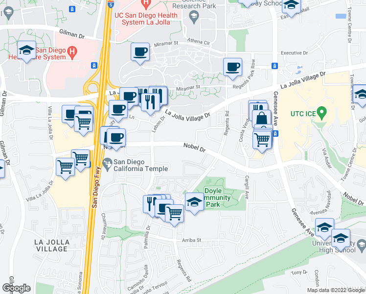 map of restaurants, bars, coffee shops, grocery stores, and more near 3925 Nobel Drive in San Diego