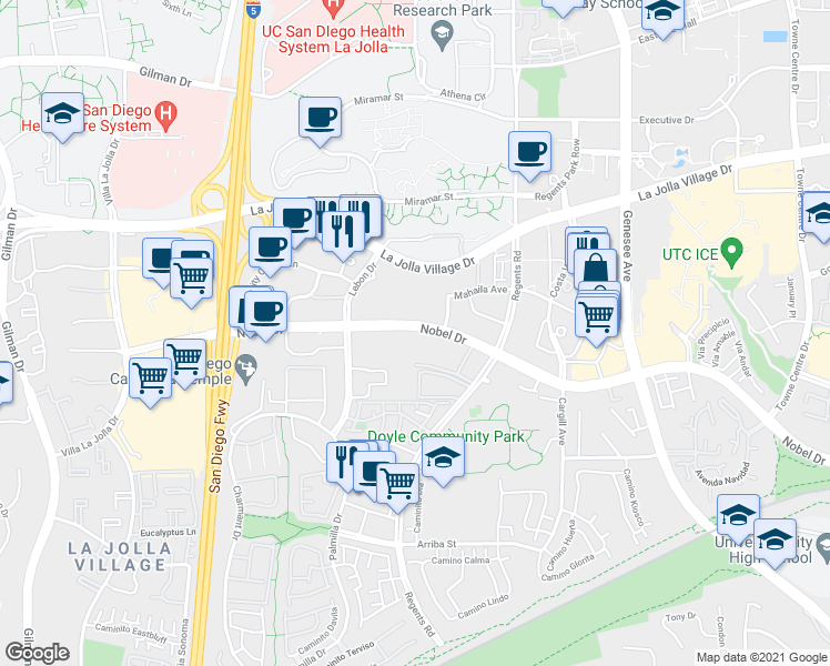 map of restaurants, bars, coffee shops, grocery stores, and more near 3925 Nobel Drive in San Diego