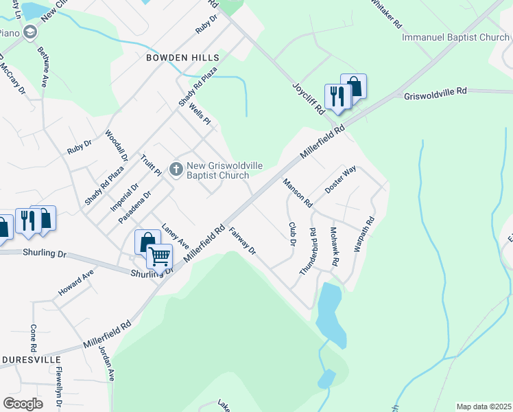 map of restaurants, bars, coffee shops, grocery stores, and more near 3325 Millerfield Road in Macon