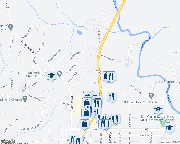 map of restaurants, bars, coffee shops, grocery stores, and more near 1895 Clinton Road in Macon