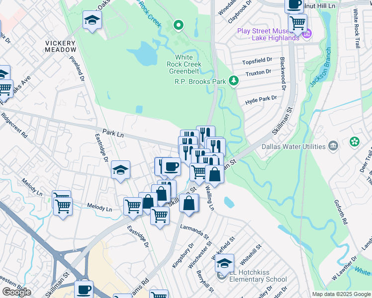 map of restaurants, bars, coffee shops, grocery stores, and more near 8946-8952 Park Ln in Dallas