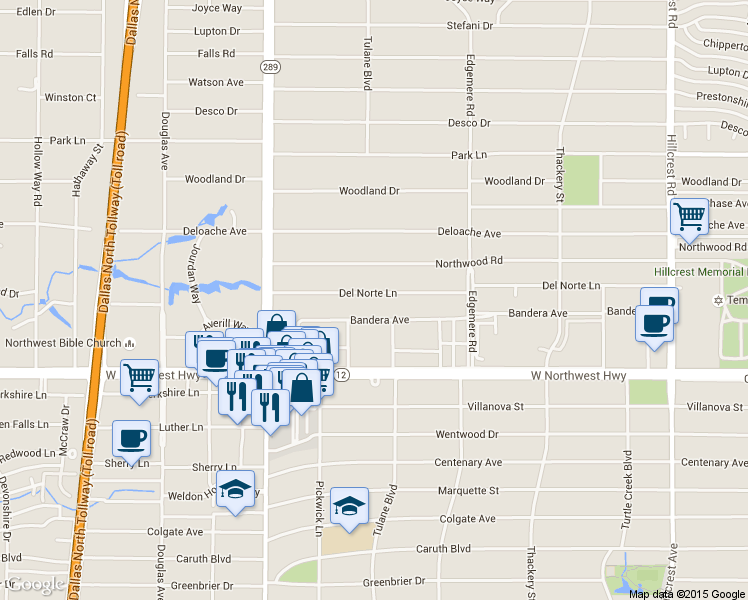 map of restaurants, bars, coffee shops, grocery stores, and more near 6223 Bandera Avenue in Dallas