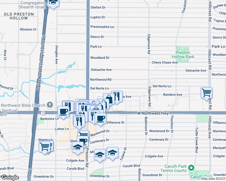 map of restaurants, bars, coffee shops, grocery stores, and more near 6159 Bandera Avenue in Dallas