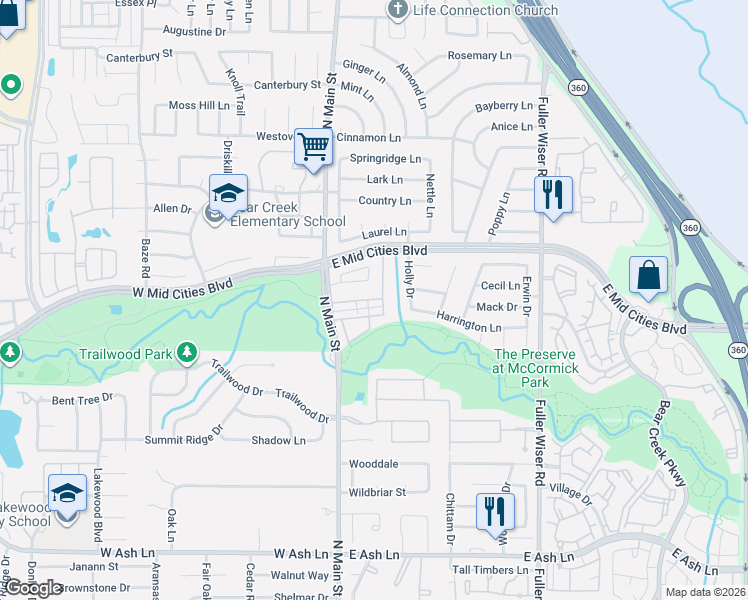 map of restaurants, bars, coffee shops, grocery stores, and more near 49 Abbey Road in Euless