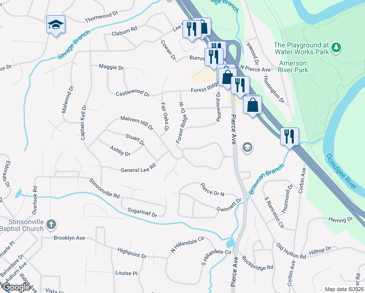 map of restaurants, bars, coffee shops, grocery stores, and more near 2891 Northwoods Drive South in Macon