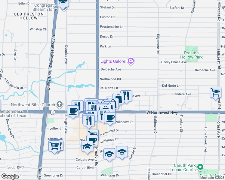 map of restaurants, bars, coffee shops, grocery stores, and more near 6036 Del Norte Lane in Dallas