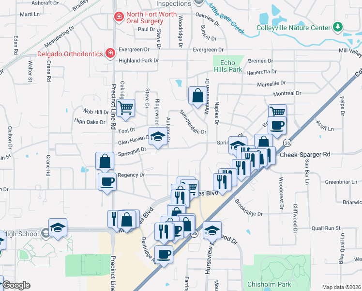 map of restaurants, bars, coffee shops, grocery stores, and more near 664 Springhill Drive in Hurst