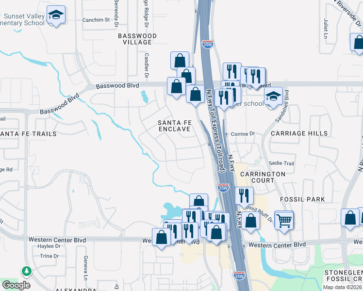 map of restaurants, bars, coffee shops, grocery stores, and more near 2820 Los Osos Drive in Fort Worth