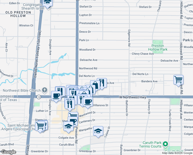 map of restaurants, bars, coffee shops, grocery stores, and more near 6159 Bandera Avenue in Dallas