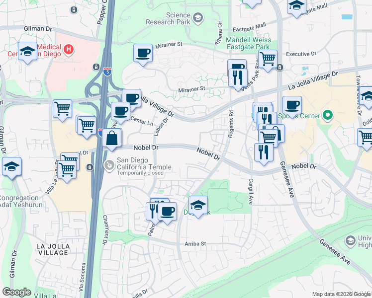 map of restaurants, bars, coffee shops, grocery stores, and more near 3925 Nobel Drive in San Diego