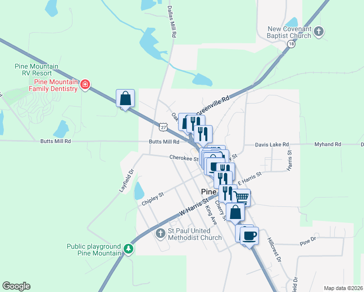 map of restaurants, bars, coffee shops, grocery stores, and more near 111 Butts Mill Road in Pine Mountain