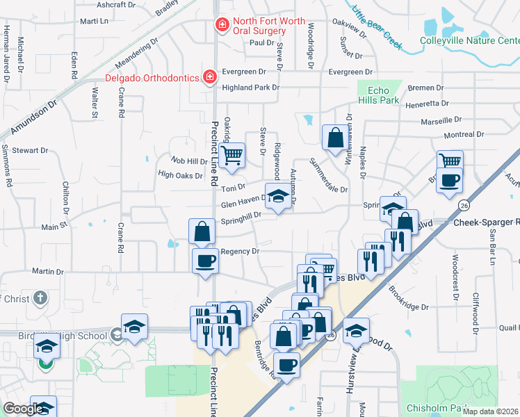 map of restaurants, bars, coffee shops, grocery stores, and more near 716 Springhill Drive in Hurst