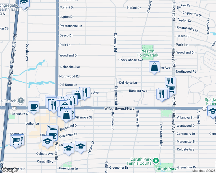 map of restaurants, bars, coffee shops, grocery stores, and more near 6330 Del Norte Lane in Dallas
