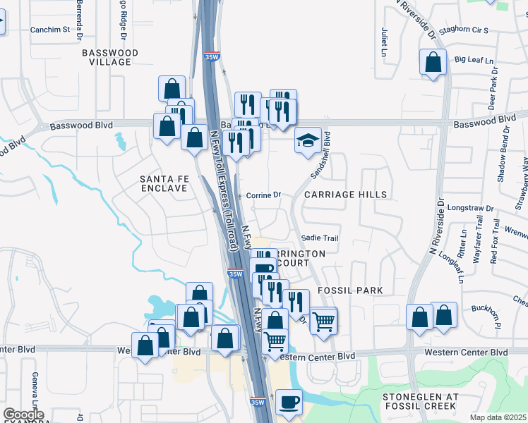 map of restaurants, bars, coffee shops, grocery stores, and more near 7073 Terra Meadows Lane in Fort Worth