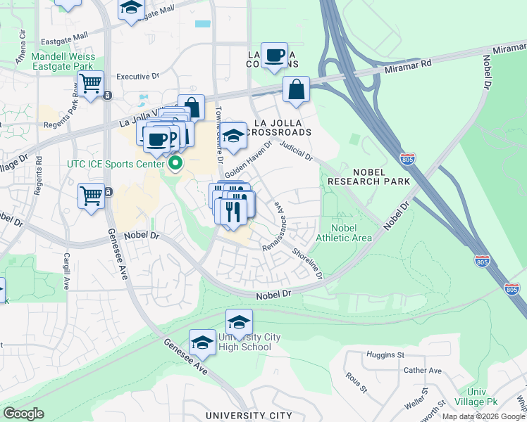 map of restaurants, bars, coffee shops, grocery stores, and more near 5370 Renaissance Avenue in San Diego