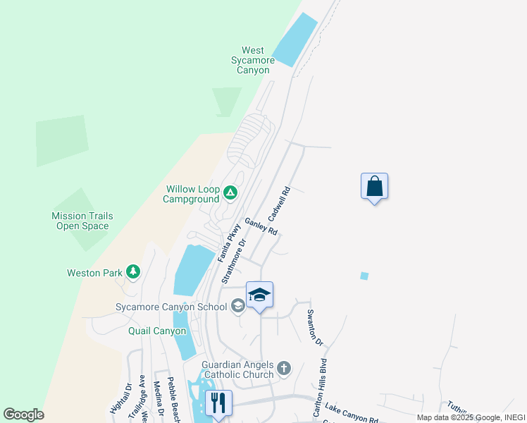 map of restaurants, bars, coffee shops, grocery stores, and more near 10421 Strathmore Drive in Santee