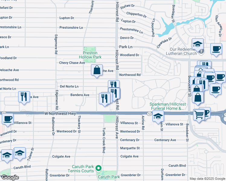 map of restaurants, bars, coffee shops, grocery stores, and more near 8643 Hillcrest Ave in Dallas